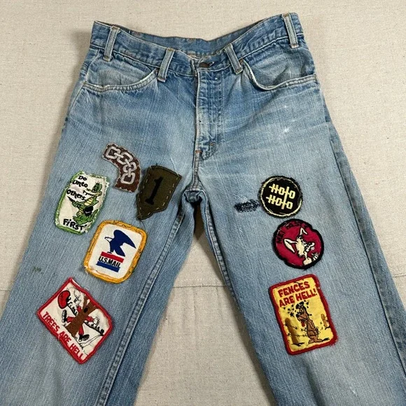 Levi's Custom Patchwork Flare Jeans Distressed Festival Boho 70s Hippie bell - Picture 11 of 12